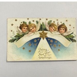 Antique 1909 New Year Postcard Cherub Angels Gold Stars Portland Oregon Postmark